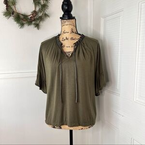 J. Crew Olive Green Ruffle Trim Tie Neck T-Shirt